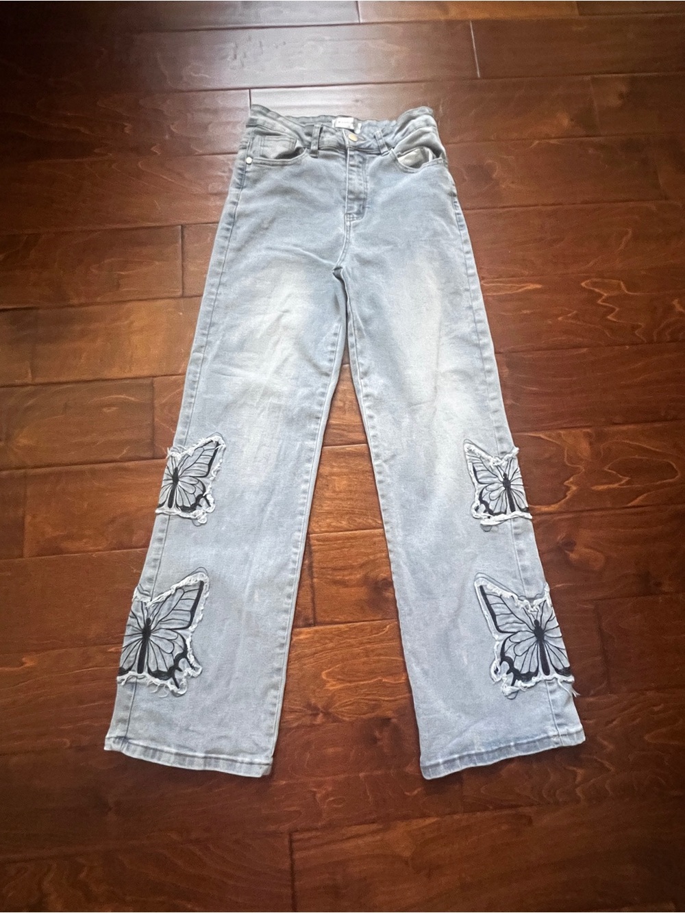 Bamboo Juniors Flare Bottom Jeans Butterfly Patch Floral Flare Blue Size 7